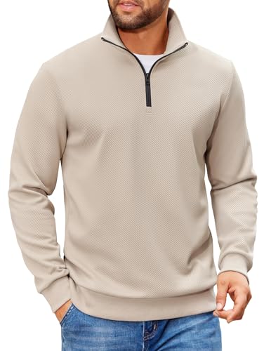 COOFANDY Mens Quarter Zip Pullover Sweatshirts Lightweight Long Sleeve Mock Neck Sweater Polo Cream Large