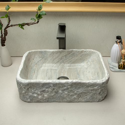 100% Handcrafted Stone Rectangular Tan Stripe Above Counter Sink, Hand Carved Exterior Craftsmanship...