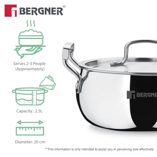 Image of Bergner TriPro Triply Stainless Steel 20cm (3.1L) Belly Shape Casserole /Biryani Handi with Stainless Steel Lid, Consumes Less Oil, Healthy Cooking, Even Heating - Induction and Gas Stove Ready