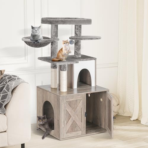 Snughome Cat Litter Box Enclosure with Tree Tower and Condo, Hidden Washroom Furniture with Sisal Scratching Post and Soft Plush Perch, Wooden Cat Furniture with Multiple Platforms, Grey