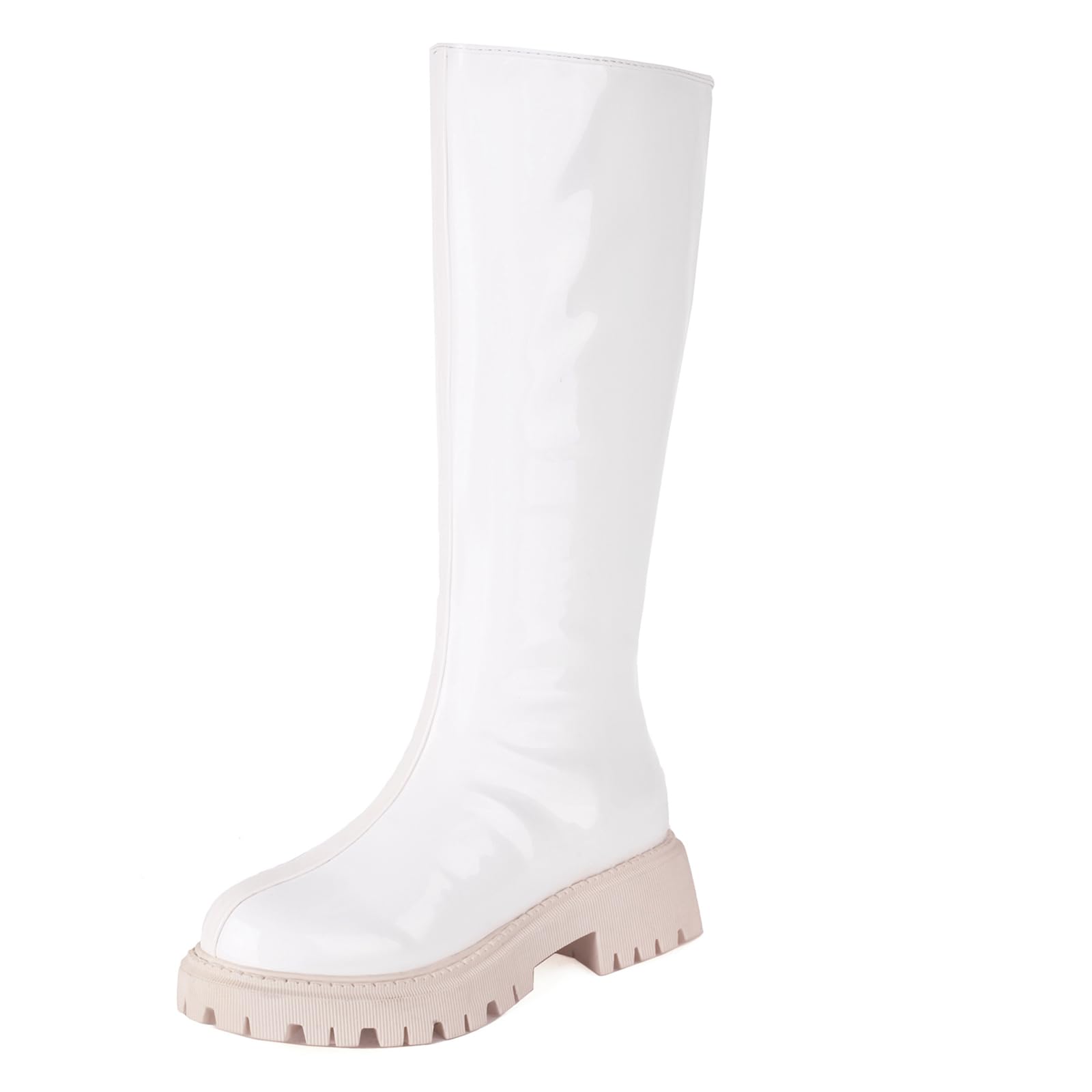 Bviennic Mujer Botas Planas Tacón Medio Botas de Media Pantorrilla Punta Rojoonda Sin Cordones Clásica Botas de Montar, Talla 34-43