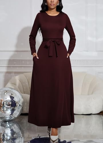Image of BubFee Long Dress for Women Casual Long Sleeve Dresses Maxi Dress Empire Waist Loose with Belt