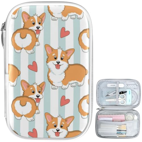 Image of Lovely Corgi Dogs Hearts Marble Pencil Bag Case Zipper Pencil Holder Organizer Stationary Pen Bag Cosmetic Makeup Bag Pouch Purse for School Office Supplies