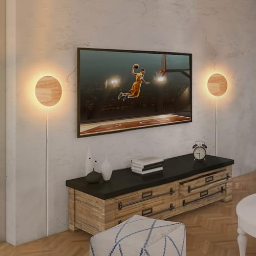 Image of Modern Minimalist Plug in Wall Sconces, Plug-in Or Cordless 7.9'' Round Wood Backlight LED Wall Lamp, 12W, 1300LM Warm White Brightness Wall Light Fixtures for Bedroom, Living Room Wall Decor