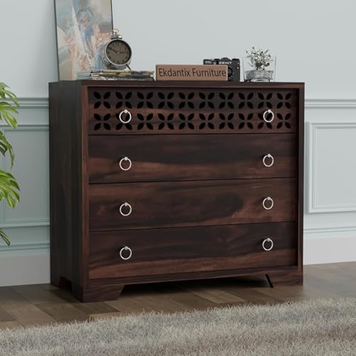 Image of Sheesham Wood Dressers Chests of 4 Drawers | Kitchen Crockery Cabinet Unit | Sideboard Storage Cabinets | Bedroom Furniture | Wooden Chests of Drawers (Walnut Finish)