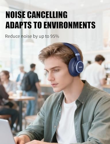 Image of KVIDIO Active Noise Cancelling Headphones, 70 Hours Playtime Bluetooth Headphones with Microphone, Transparency Mode, Deep Bass and Hi-Fi Stereo Sound (Blue)