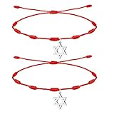 cotigo Pulsera 7 Nudos con Estrella de David en acero inoxidable, pulsera hilo nudo rojo ajustable, Amuleto de Suerte y contra mal de ojo, set 2 pcs (Estrella David Plateado)