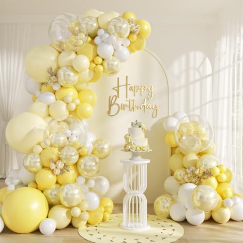 124pcs Pastel Yellow Balloon Arch Kit Double Stuffed Pearl Yellow White Clear Balloons for Baby Shower Bridal Shower Birthday Party Decorations