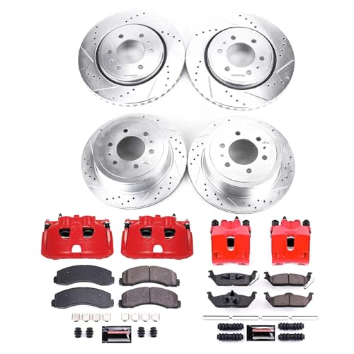 Image of PowerStop Front Brake & Caliper Kit for Honda Accord 1990-93 - Carbon-Fiber Ceramic Brake Pads + Drilled & Slotted Rotors + Red Powder Coated Calipers, KC3164