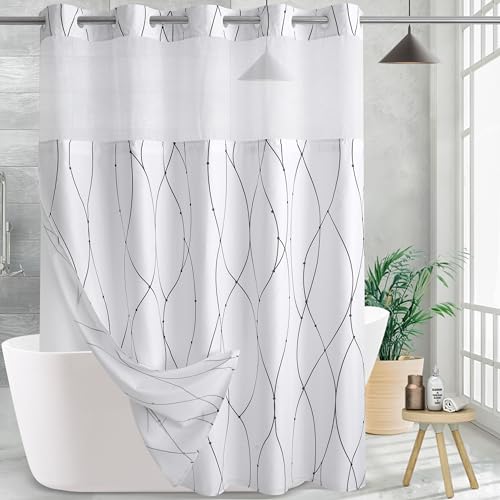KONZENT Grey White Striped Fabric Shower Curtain with Snap in Removable Liner for Bathroom Bathtubs,Hotel Shower Curtain and Liner Set with See Through Mesh Top Window,Machine Washable (71"W X 74"H)