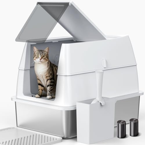 Katzenklo Edelstahl mit Deckel, XXL Extra Große Katzentoilette Edelstahl Reinigen und Geruchsresistent, Geschlossene Katzenkiste mit Schaufel und...