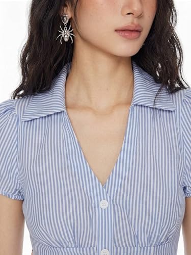 Image of Women V-Neck Puff Sleeve Crop Top with Back Tie-Up Detail (in, Alpha, M, Regular, Striped Blue)