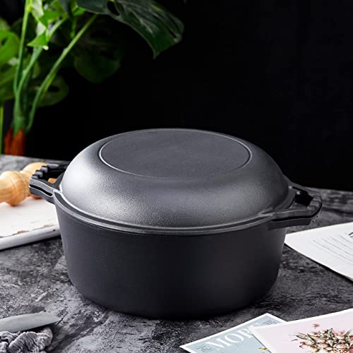 Bruntmor 2in1, 7 Quart Enamel Cast Iron Dutch Oven With Handles, Crock Pot Black Cast Iron