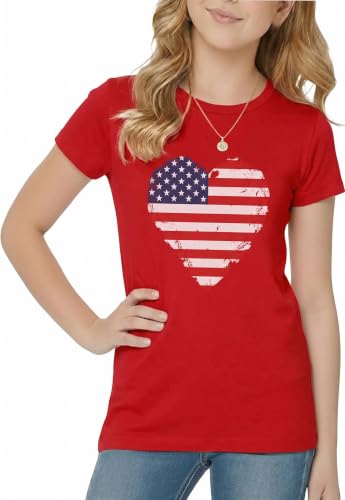 Image of Tstars Fitted Tee for Girls 4th of July Shirt | Patriotic American Cute Kids Heart Graphic Horse T-Shirt