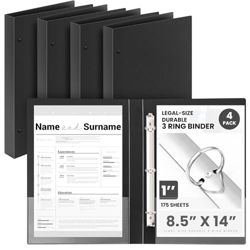 Henoyso 4 Pcs Legal Size Durable 3 Ring 1 Black Binder for 8.5 x 14 Paper Hold up to 175 Sheets Round Ring Binders for Artwork Blueprints Office Home Work Places