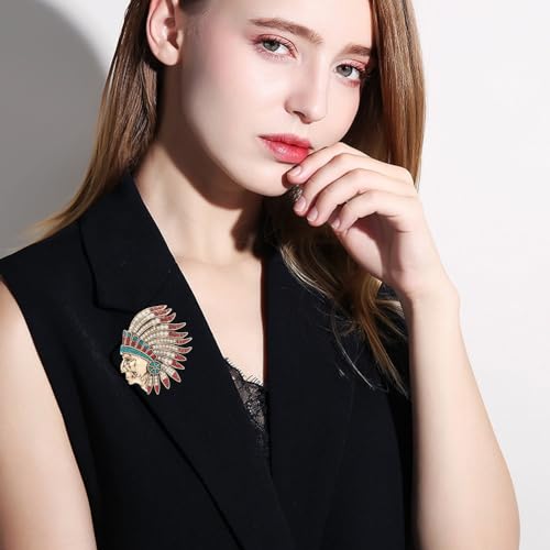 Image of Rhinestone Indian Chief Head Brooch Pin for Women Men Gold Plated Fashion Creative Colorful Crystal Tribal Pendant Brooches Lapel Pins Delicate Hat Bag Suit Dress Accessories Holiday Festival Jewelry