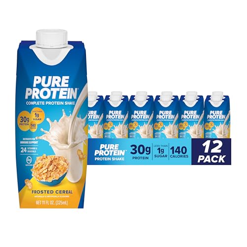Pure Protein Complete Protein Shake, Frosted Cereal, 30g High Protein Drink, Less than 1g Sugar, 4g Fiber, Ready to Drink, Non GMO, On-the-Go Shakes, 11oz Bottles, 12 Pack