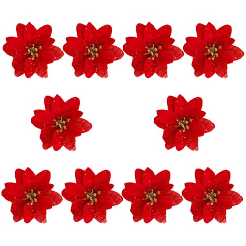 HOMSFOU Lot de 40 mini fleurs de Noël artificielles - Mini bouquet de fleurs - Décoration d'intérieur - Fleurs poinsettia artificielles de Noël, centre de table de Noël, décoration de sapin de Noël