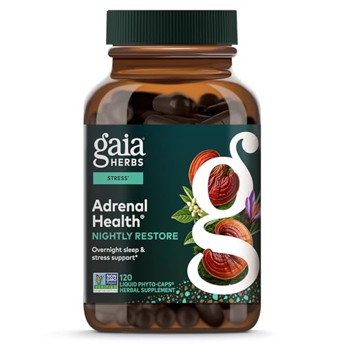 Gaia Herbs Adrenal Health Nightly Restore - Herbal Supplement with Ashwagandha, Magnolia Bark, Cordyceps, Lemon Balm & More* - 120 Vegan Liquid Phyto-Caps (60 Servings)