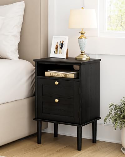 HEYZOEY Mesita de noche negra para café, mesita de noche, mesa auxiliar boho con 1 cajón y 1 espacio de almacenamiento abierto, mesa auxiliar, recipiente de almacenamiento para dormitorio, salón
