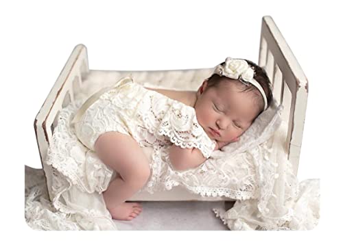 Image of Vollmic Newborn Photography Props Baby Girl Lace Romper Newborn Baby Photo Props Outfits (Off White)