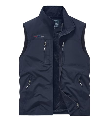 Men's Outdoor Utility Vest, Navy Blue, Multiple Zippered Pockets, Stand Collar
