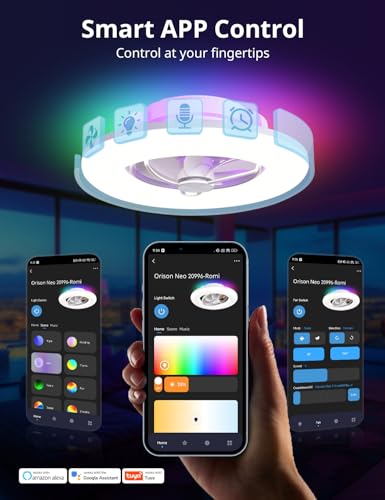 22" Orison 360° Oscillating Ceiling Fan with Light, 18° Rotating Low Profile Flush Mount, Smart RGB Backlight &Dimmable LED, Alexa&Google Compatible,APP/Remote Control, Modern Quiet for Bedroom, White - Image 6