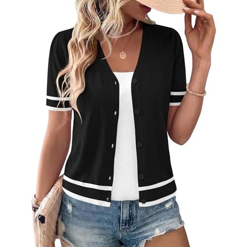 AKEWEI Womens Cardigan V Neck Short Sleeve Lightweight Knit Cropped Sping Summer Cardigans Sweaters Black Stripe Small