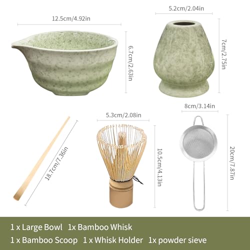 Matcha Set Whisk and Bowl Kit, Matcha Tea Set Gift Includes Ceramic Bowl with Pouring Spout, Bamboo Spoon, Sifter, Bamboo Whisk and Broom Holder, for Beginners and Enthusiasts
