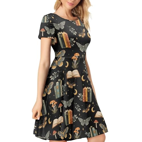 Image of POLERO Women Puffy Swing Elegant Party Midi Dresses Short Sleeve Round Neck A-Line Dress