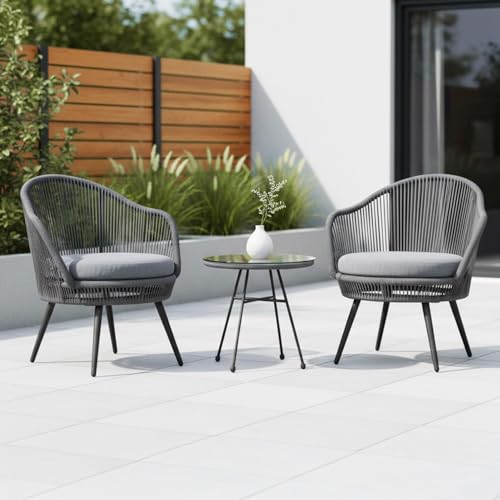 Image of DEVOKO 3 Piece Outdoor Patio Handwoven Rope Crown Shape Chair With Glass Top Side Table For Garden, Pool, Deck, Backyard, Balcony (Dark Grey & Grey), (61 X 61 X 81Cm)