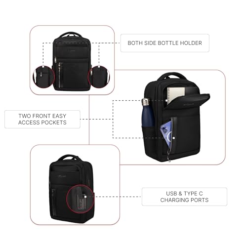 Image of F Gear Kenton Black 19L Premium Laptop Backpack | Fits 17 inch Laptop | USB & Type-C Charging Ports | Lightweight with Tablet Sleeve, 3 Compartments & Luggage Strap | Ideal for Office, College & Travel
