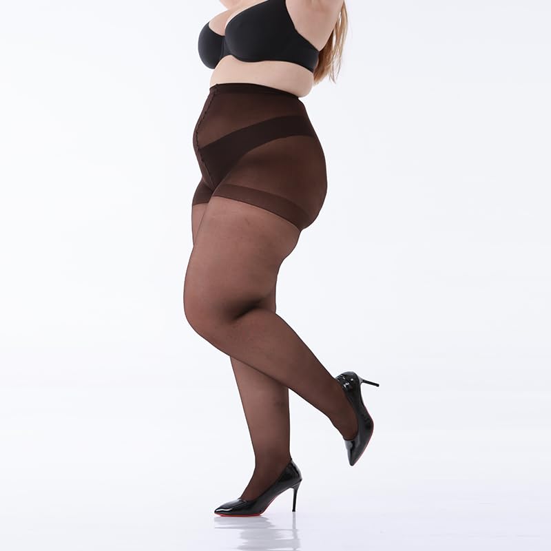 Image of LADYFAN 3 Pairs Plus Size Women's Sheer Tights 20D High Waist Control Top Pantyhose with Reinforced Toes