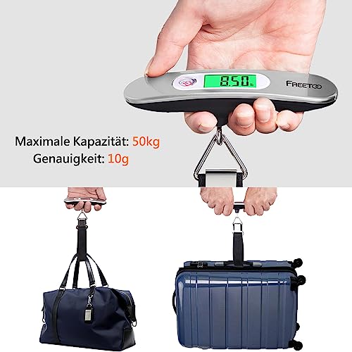 Gepäckwaage FREETOO Digitale Kofferwaage Tragbare Hängewaage LCD-Anzeige mit Hintergrundbeleuchtung Tara-Funktion praktisch für Reisen/Familienleben bis 50KG (Silber) 2