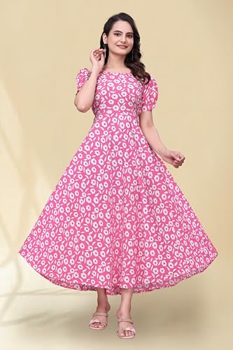 Image of Women's A-Line Crepe Maxi Dress | Stylish Fit and Flare Dress with Round Neck Short Puff Sleeves for Casual Wear