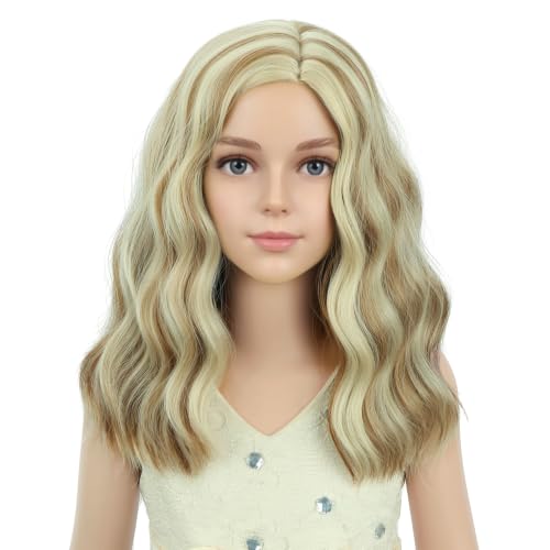Image of PATTNIUM Blonde Brown Short Curly Wavy Wigs for Kids Girls Side Part Blond Mixed Brown Shoulder Length Heat Resistant Synthetic Wig Halloween Cosplay Costume Party Wigs