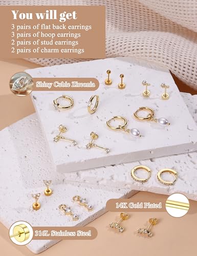 Florideco Hypoallergenic Gold Earrings for Women Surgical Stainless Steel Flat Back Earrings 14K Gold Small Stud Hoop Earring Stacks with CZ Charm Cartilage Earring Set for Multiple Piercing Jewelry3