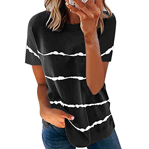 Eryue 2021 Spring and Summer Euro an and American Women’s Clothing Cross-bo er Foreign Trade Amazon hot s le tie-dye Printing STRI d Loose Short-Sleeved T-Shirt Women Short Sleeve-bla M offers donot miss