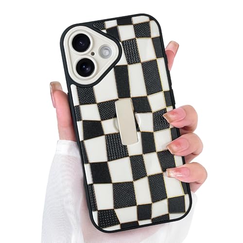 SOKAD 3D Checkered Phone Case for iPhone 17 with Finger Strap, White Black