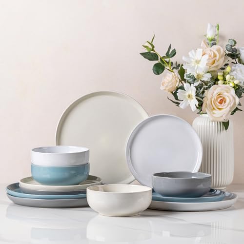 Image of GBHOME Ceramic Dinnerware Set for 4, 12pcs Stoneware Plates and Bowls Sets, Handmade Chip and Scratch Resistant Dishes Set, Dishwasher & Microwave Safe