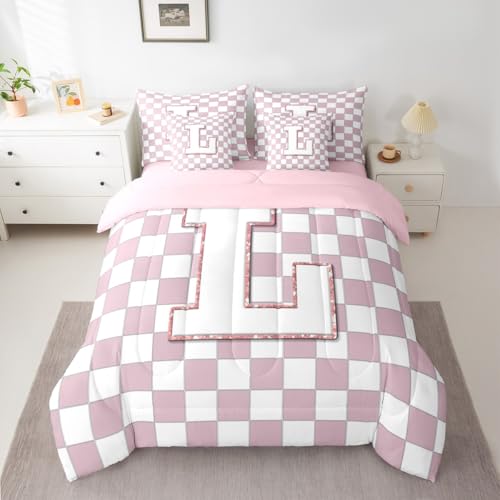 Image of Erosebridal Pink Initial L Queen Comforter Set with Sheets 7 Piece Kawaii Plaid Checkered Bed in A Bag Cute Personalized Monogram Bedding Sets for Kids Girls Teen Women,Fashion Grids Gingham Bed Set
