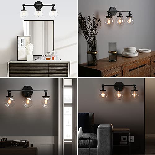 Phansthy 3 Light Wall Sconce Bathroom Vanity Light Black Sconce Light Fixture With 5.6 Inches Round Glass Canopy, Black #TOP2