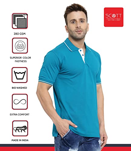 Image of Scott International Men's Organic Cotton Regular Fit Polo T-Shirt (Turquoise Green with White, Medium)