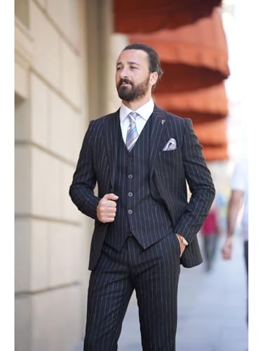Men's Pinstripe Suit 3 Piece Classic Fit Slim Fit Suit Tuxedo Jacket Vest Pants Casual Suit for Business Wedding Suit2