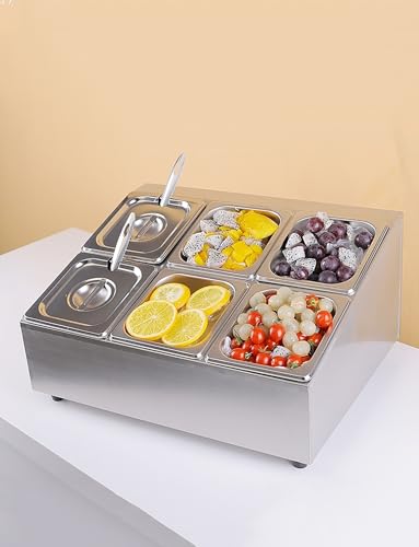 Estación de acero inoxidable para pizzas, ollas calientes y tiendas de frutas con tapa, dispensador de especias desmontable