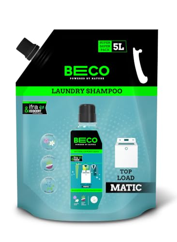 Beco Natural Liquid Detergent Top Load - 5L Refill Pack| Tough Stain Removal | Lavender & Vanilla Freshness | Retains Brightness & Shine | Chemical Fr