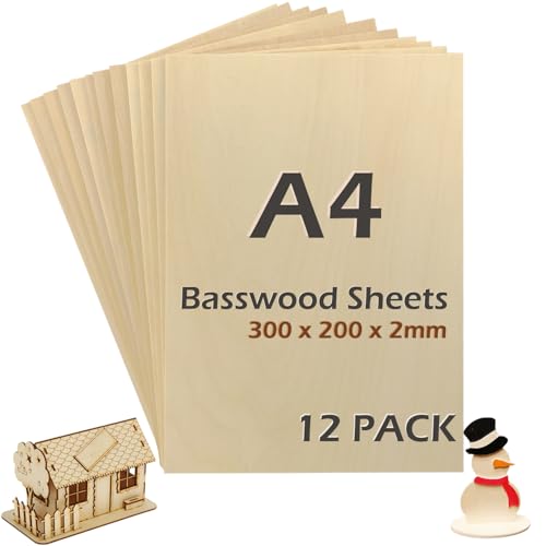 Lot de 12 Contreplaqué 2 mm, Planches de bois A4 Idéal pour Gravure Laser, Pyrogravure, DIY, Bricolage et Modélisme, Bois à Découper Laser, Gravure au Laser Bois de Tilleul de Qualité 200 x 300 mm