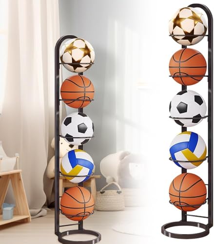 SKJJM Ball Storage Rack 5 Tier Removable Cube Ball Stand Ball Storage Garage Metal Vertical Durable Ball Rack Display Stand Multifunctional Football Holder for Basketball Football Soccer Volleyball