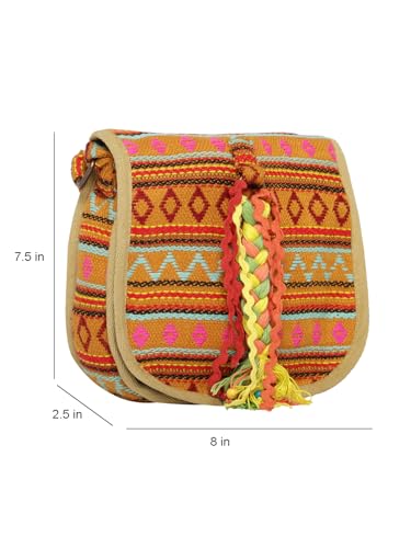 Image of The House of tara Ethnic Handloom Crossbody Sling Bag | Embellished with Tassels and Trims. Flap Closure Snap Button | Multicolour Crossbody Bag for Women | Handmade | Elegant Design