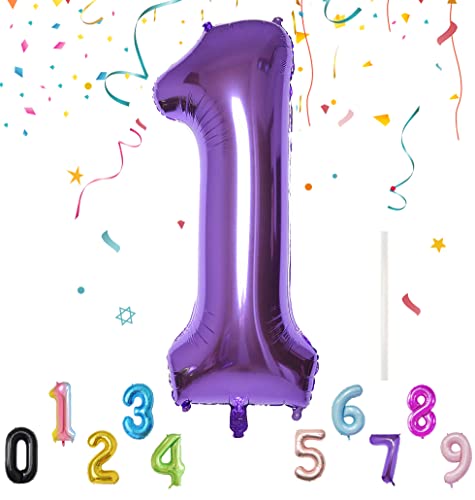 Gigante Globo de Cumpleaños 101cm/40 con una Pajita, Globo de Cumpleaños para Aniversario Fiesta Decoración, Globo Años Cumpleaños, Globo Número Reutilizables - Globo Numero 1 Morado